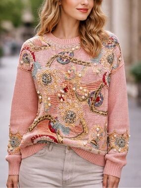 Vintage soft pink embroidered hand knitted romantic pom-pom whimsical sweater